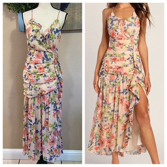 NWOT Lulus Stunning Soiree Pink Floral Print Ruched Midi Dress - Picture 1 of 11